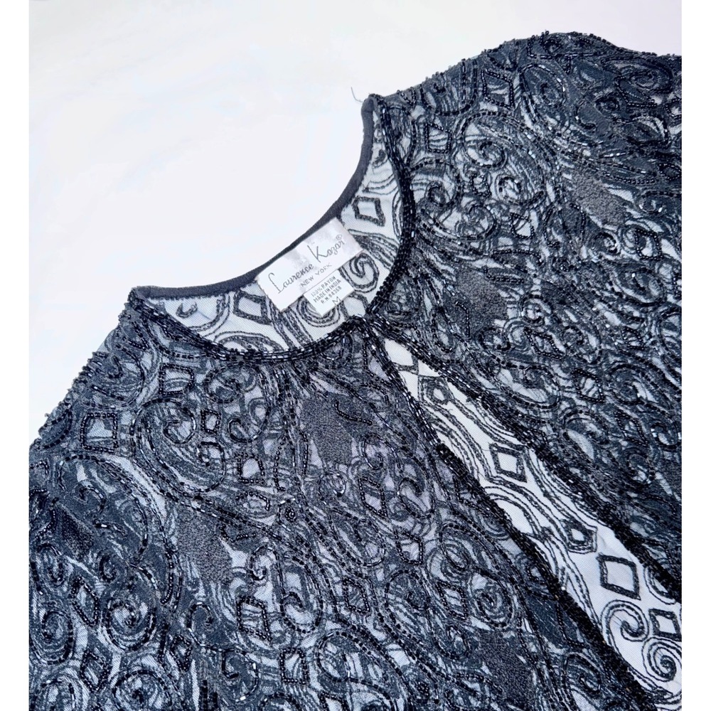 Laurence Kazar Vintage Black Beaded Sequin Mesh Formal Evening Jacket Cardigan M